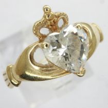 9ct gold Claddagh ring set with cubic zirconia, size N, 1.5g. UK P&P Group 0 (£6+VAT for the first