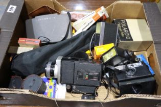 Mixed camera items including Polaroid and a Hanimex movie camera. Not available for in-house P&P