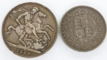 Victoria 1889 crown and 1887 half crown. UK P&P Group 1 (£16+VAT for the first lot and £2+VAT for