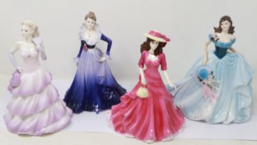 Four Coalport figurines, no cracks or chips, largest H: 23 cm. UK P&P Group 3 (£30+VAT for the first