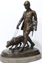 Large cast bronze of a huntsman and dog on a wooden base, H: 65 cm, less than 20 years old, one dogs