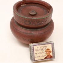 Stoneware tobacco jar with an unopened Players Diggers packet of tobacco. UK P&P Group 2 (£18+VAT