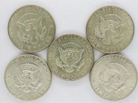 Five 1966 and 1969 Kennedy half dollars. UK P&P Group 1 (£16+VAT for the first lot and £2+VAT for