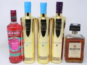 Five bottles of mixed spirits to include AU vodka, Smirnoff and Disaronno. Not available for in-