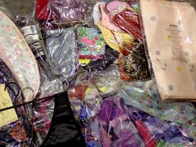 Quantity of scarves, purses and wardrobe tidies, together with mixed pictures and prints. Not