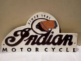 Cast iron Indian motorcycles sign, L: 30 cm. UK P&P Group 1 (£16+VAT for the first lot and £2+VAT