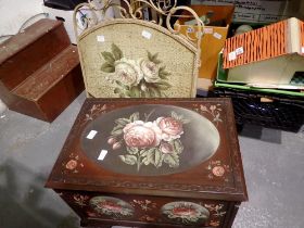 Overpainted floral box and a floral firescreen. Not available for in-house P&P.