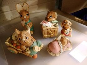 Five mixed Pendelfin figurines etc. Not available for in-house P&P
