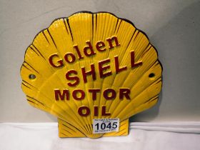 Cast Iron Golden Shell plaque, W: 15 cm. UK P&P Group 1 (£16+VAT for the first lot and £2+VAT for