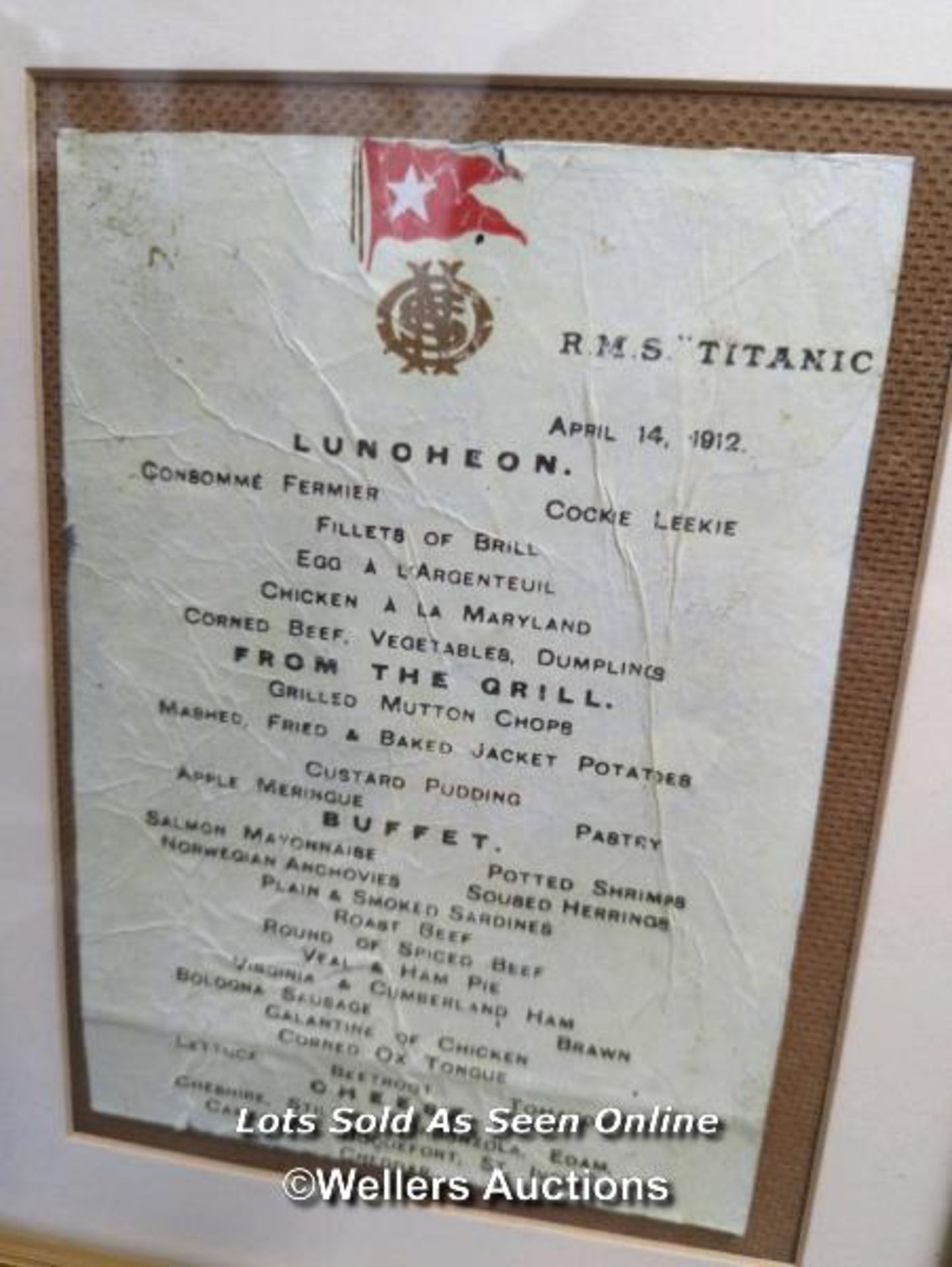 TITANIC - THREE REPRODUCTION FRAMED ITEMS INCLUDING WHITE STAR LINE POSTER, TITANIC MENU AND VINOLIA - Image 4 of 7