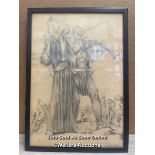 AN ORIGINAL PENCIL DRAWING OF A SOLDIER AND PRIEST. SIGNED, 27 X 37.5CM, FRAMED AND GLAZED