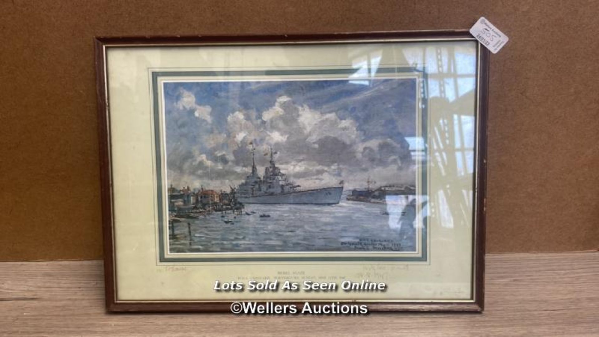 H.M.S. VANGUARD - FRAMED PRINT 'HOME AGAIN' WITH HAND WRITTEN DEDICATION DATED 1947 43.5 X 31.5CM