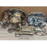 A LARGE QUANTITY OF ANTIQUE METAL WARE INCLUDING TRAYS, LARGE SERVING DISH, COFFE & TEA POTS AND