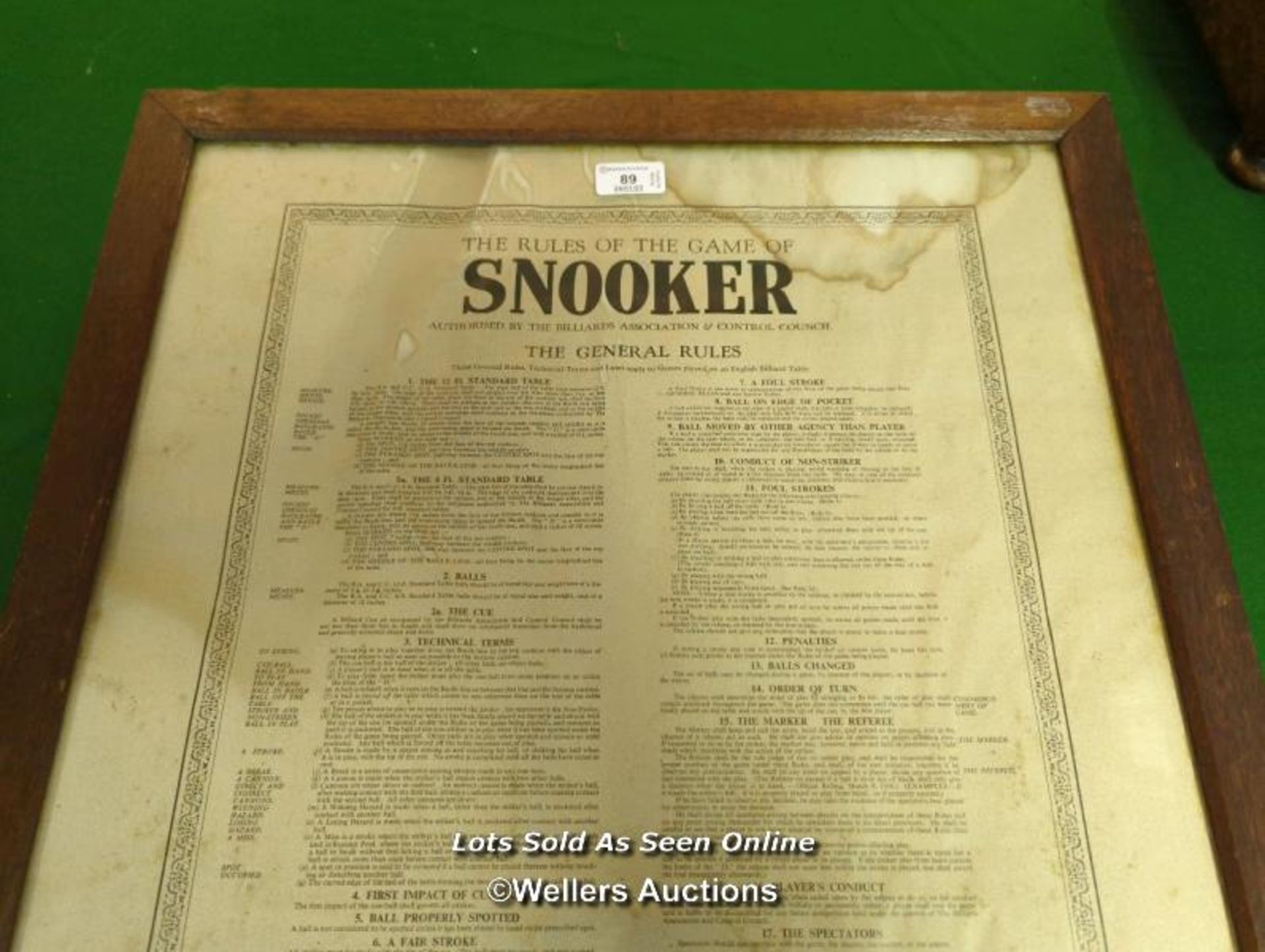 FRAMED AND GLAZED 'THE RULES OF THE GAME OF SNOOKER' / 55CM (W) X 80CM (H) [THIS LOT WILL NEED - Image 2 of 4