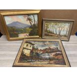 THREE SCENIC PAINTINGS ONE IN NEED OF RESTORATION AND DATED 1929, LARGEST 55 X 40CM