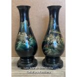 PAIR OF VINTAGE CHINESE BLACK LACQUER VASES PAINTED WITH ORIENTAL LANDSCAPE 12" TALL