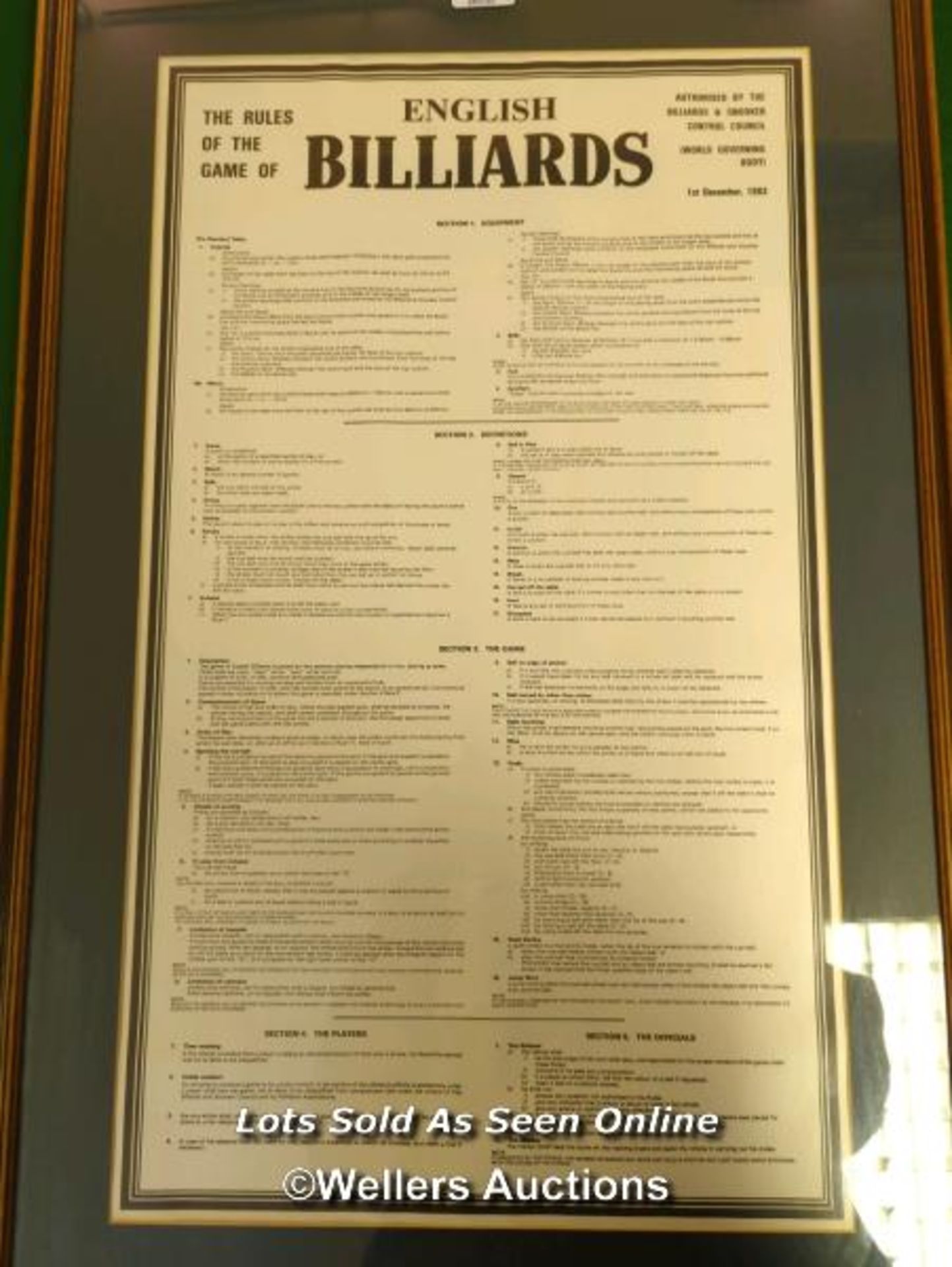 FRAMED AND GLAZED 'ENGLISH BILLIARDS RULES OF THE GAME' / 54CM (W) X 82CM (H) [THIS LOT WILL NEED - Image 2 of 4