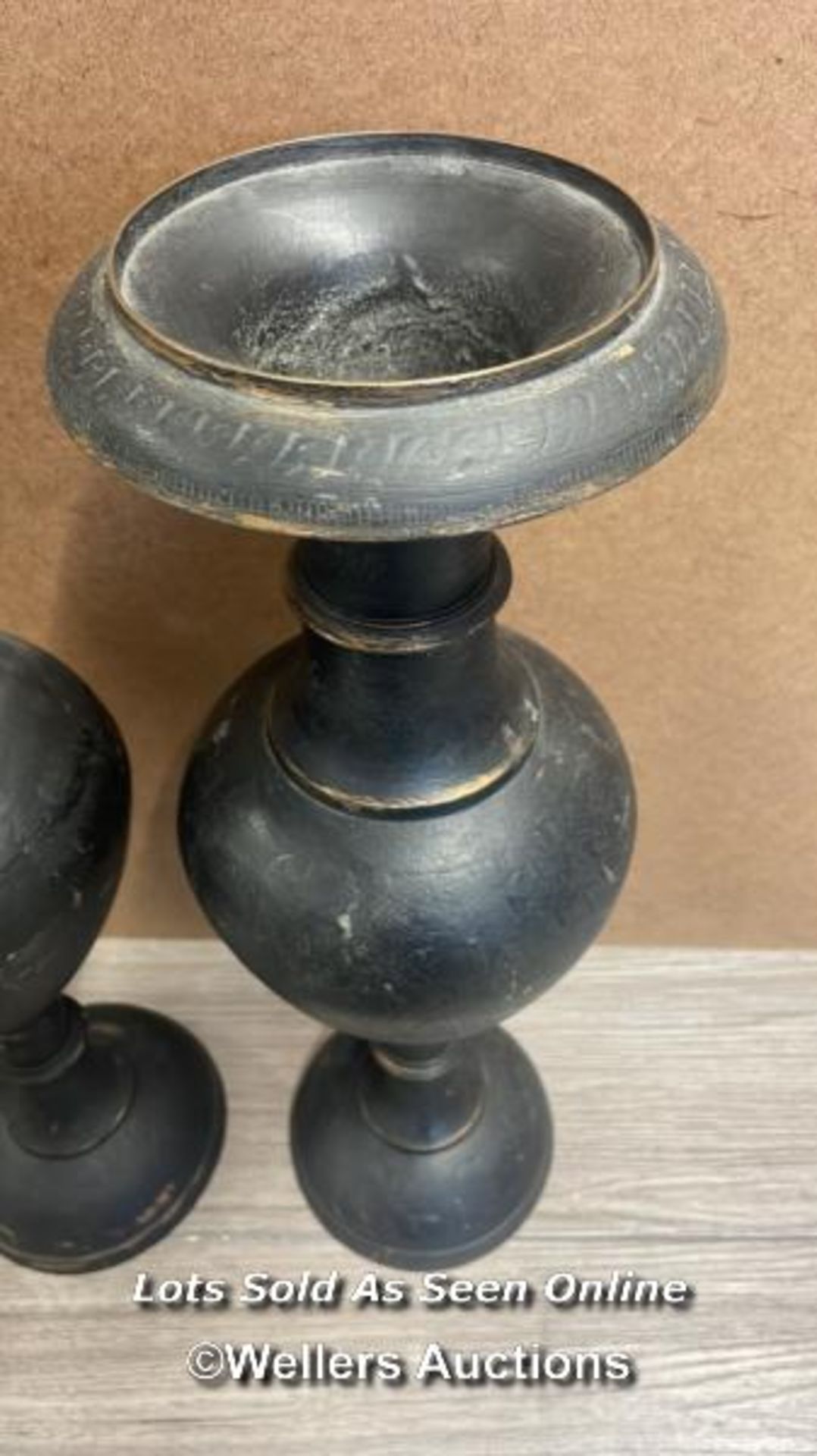 PAIR OF LARGE BRASS CANDLE HOLDERS PAINTED BLACK (PAINT NEEDS TO BE REMOVED), 50CM HIGH - Image 3 of 6