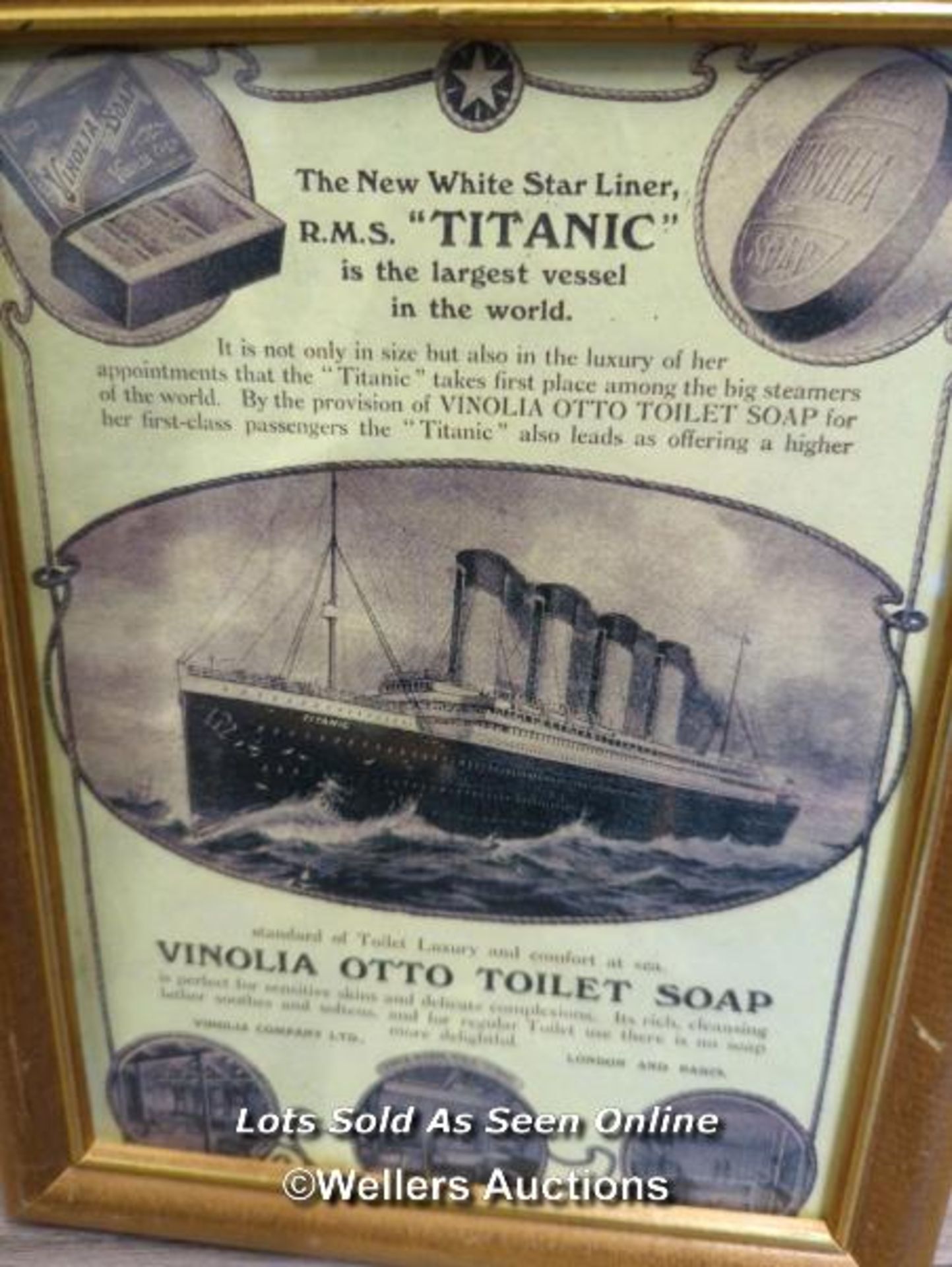 TITANIC - THREE REPRODUCTION FRAMED ITEMS INCLUDING WHITE STAR LINE POSTER, TITANIC MENU AND VINOLIA - Image 7 of 7