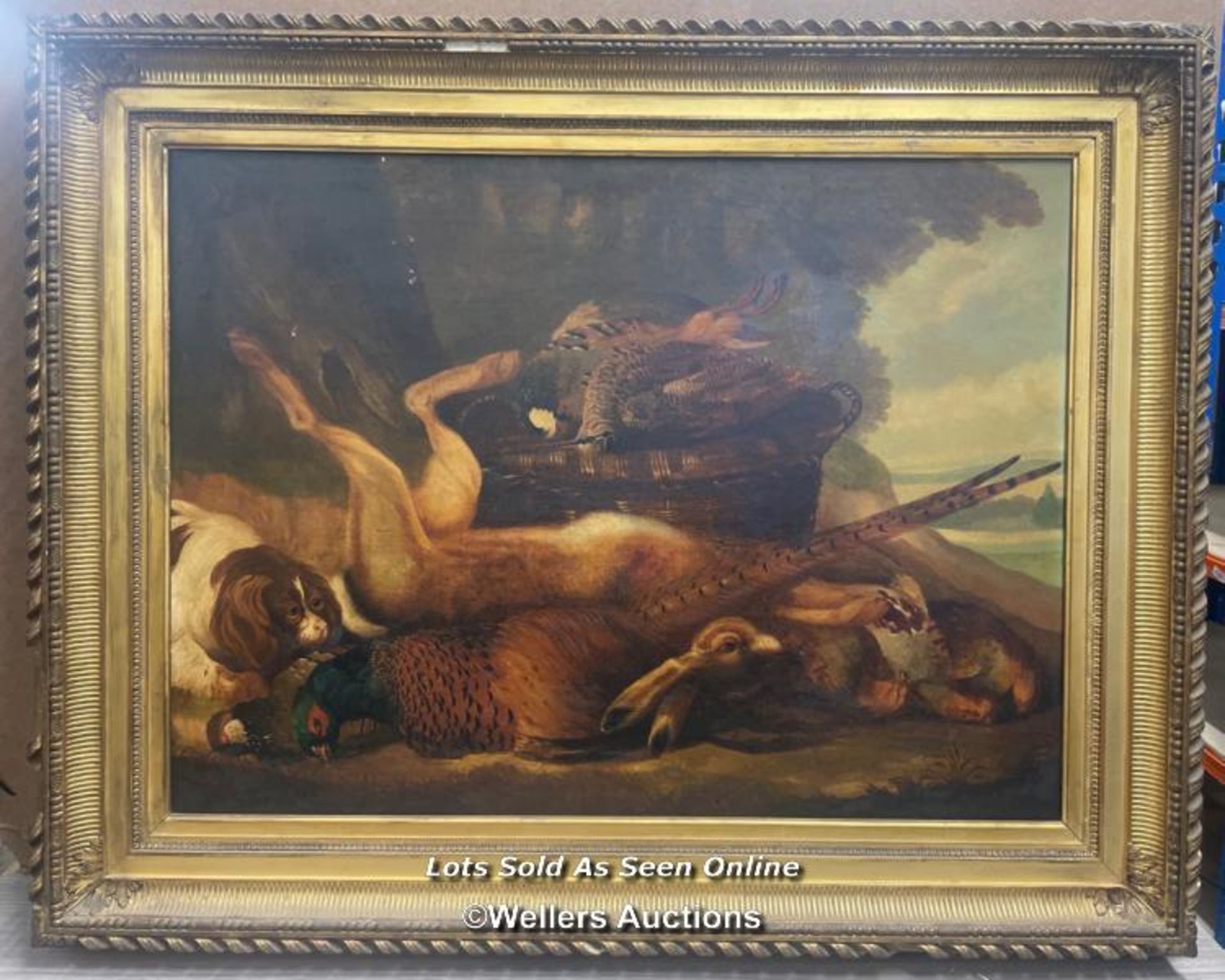 A LARGE ANTIQUE PAINTING 'STILL LIFE OF DEAD GAME AND A CURIOUS KING CHARLES SPANIEL' UNSIGNED,