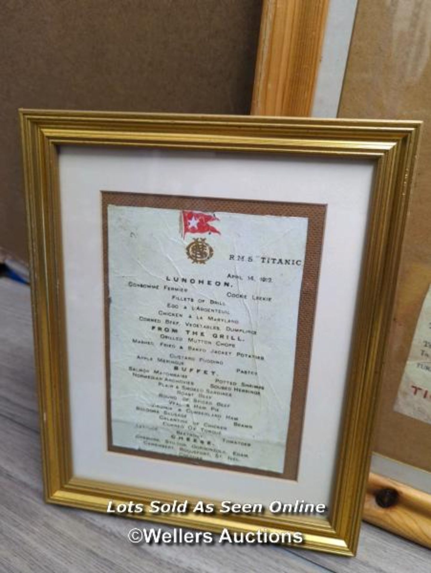 TITANIC - THREE REPRODUCTION FRAMED ITEMS INCLUDING WHITE STAR LINE POSTER, TITANIC MENU AND VINOLIA - Image 3 of 7