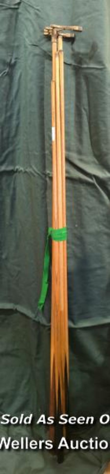 4X ANTIQUE & VINTAGE BILLIARD CUES , SOME HAND SPLICED AND A REST INC. E.J RILEY [THIS LOT WILL NEED