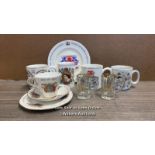 A SMALL COLLECTION OF COMMORATIVE WARES INCLUDING 1953 GLADSTONE CUP SAUCER AND PLATE, SILVER