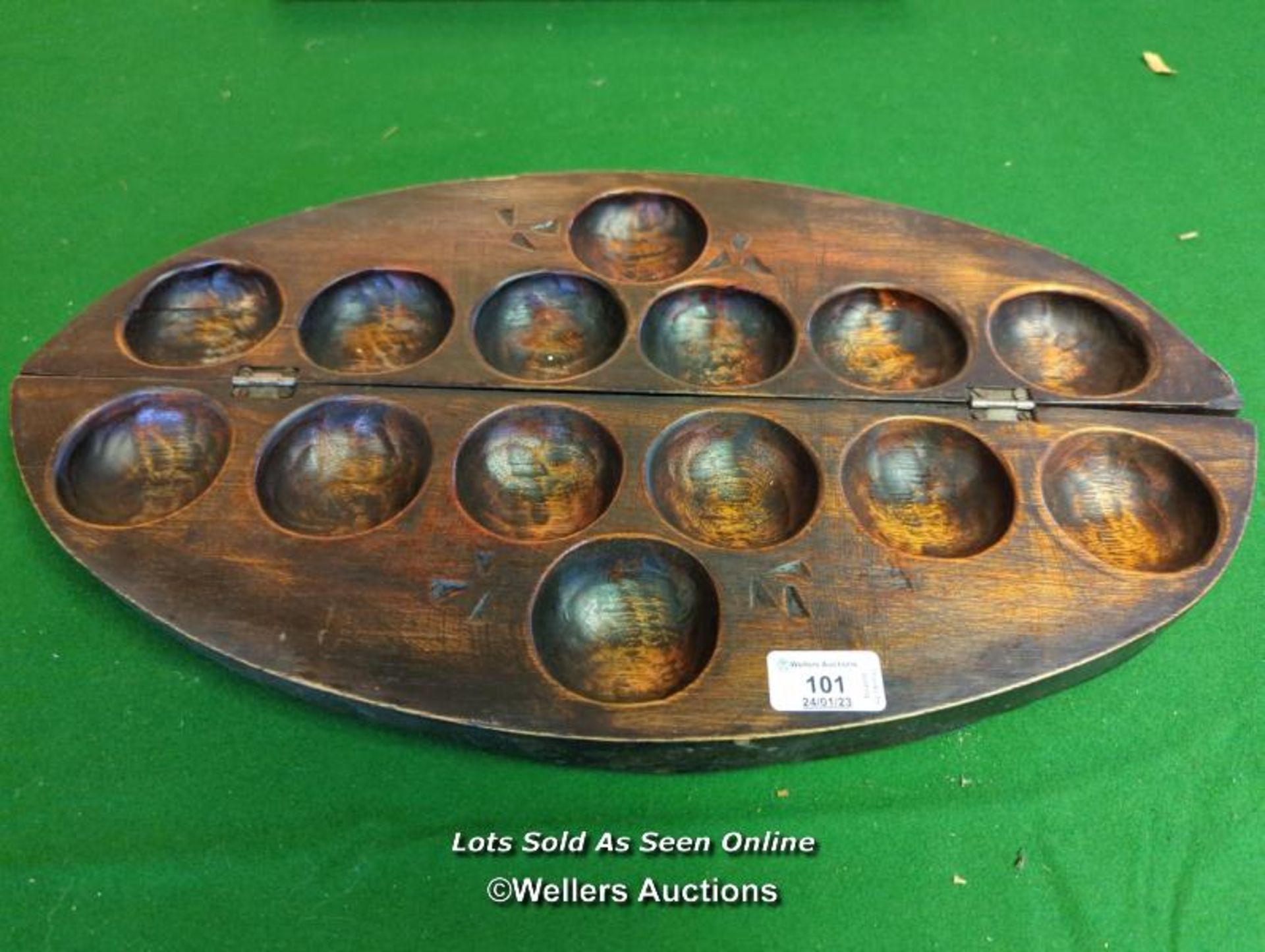 OVAL HINGED TRAY FOR HOLDING BEADS FOR A GAME ORIGINATING IN GHANA [THIS LOT WILL NEED COLLECTING F