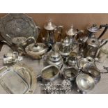 ASSORTED SILVER PLATE ITEMS INCLUDING CHARGERS, COFFEE & TEA POTS, TRAYS, CANDLE HOLDERS AND JUGS (