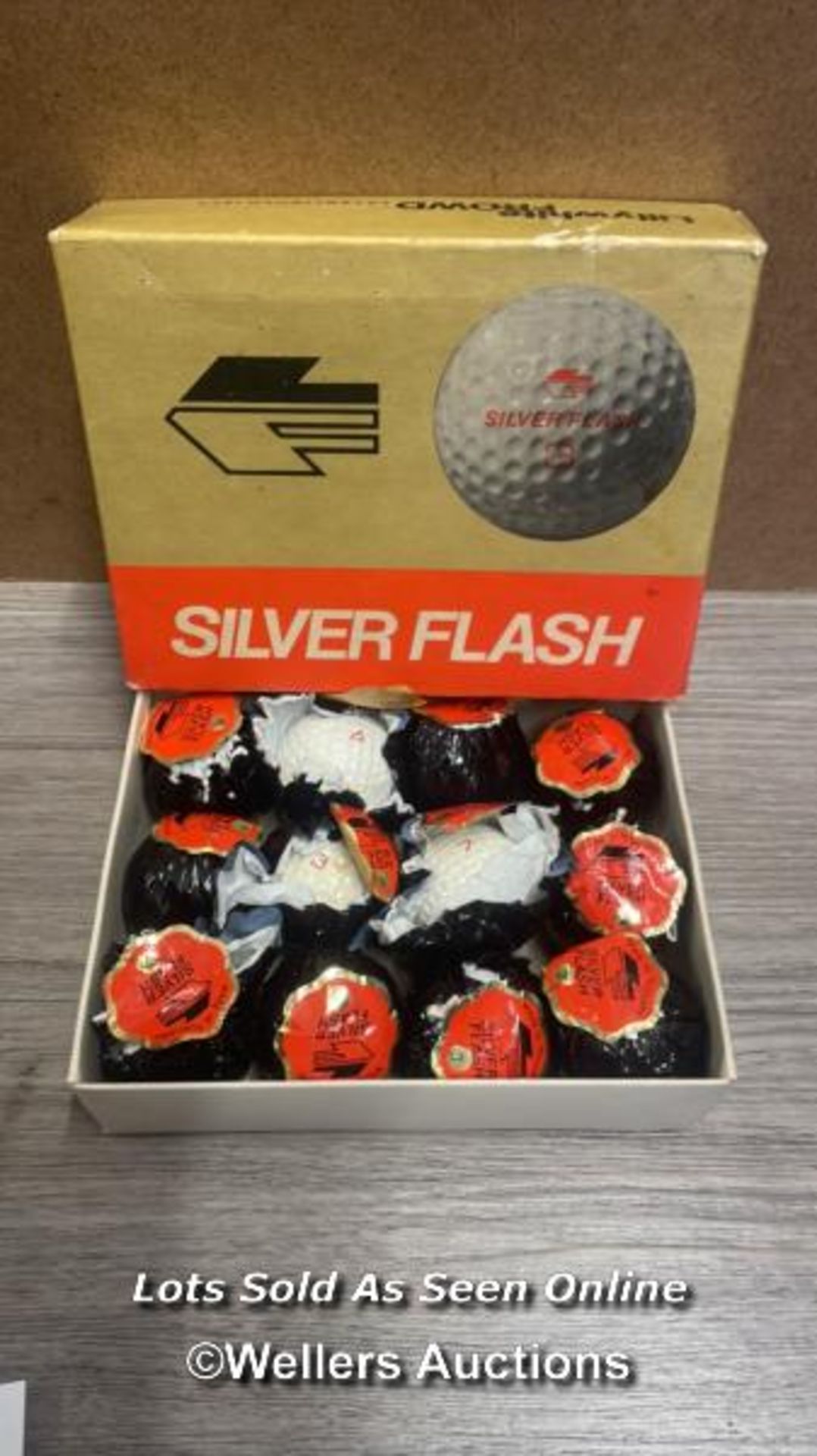 SILVER FLASH GOLF BALLS, BOX OF 12 SOME WITH VERY MINOR USE