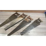 FOUR VINTAGE HAND SAWS INCLUDING TAVLON AND SALMANS