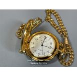 WOODFORD QUARTZ GOLD PLATED POCKET WATCH & CHAIN, 3CM DIAMETER