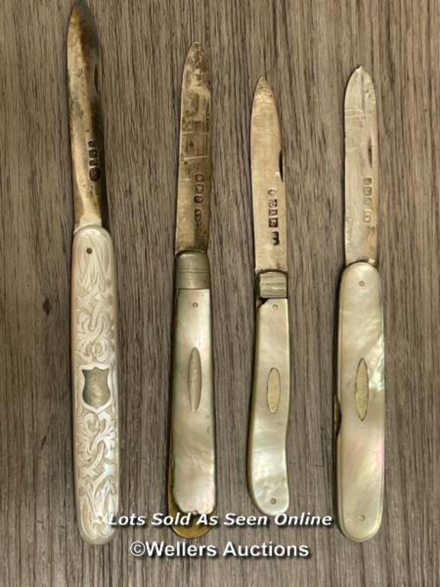 FOUR SILVER POCKET KNIVES WITH MOTHER OF PEARL HANDLES