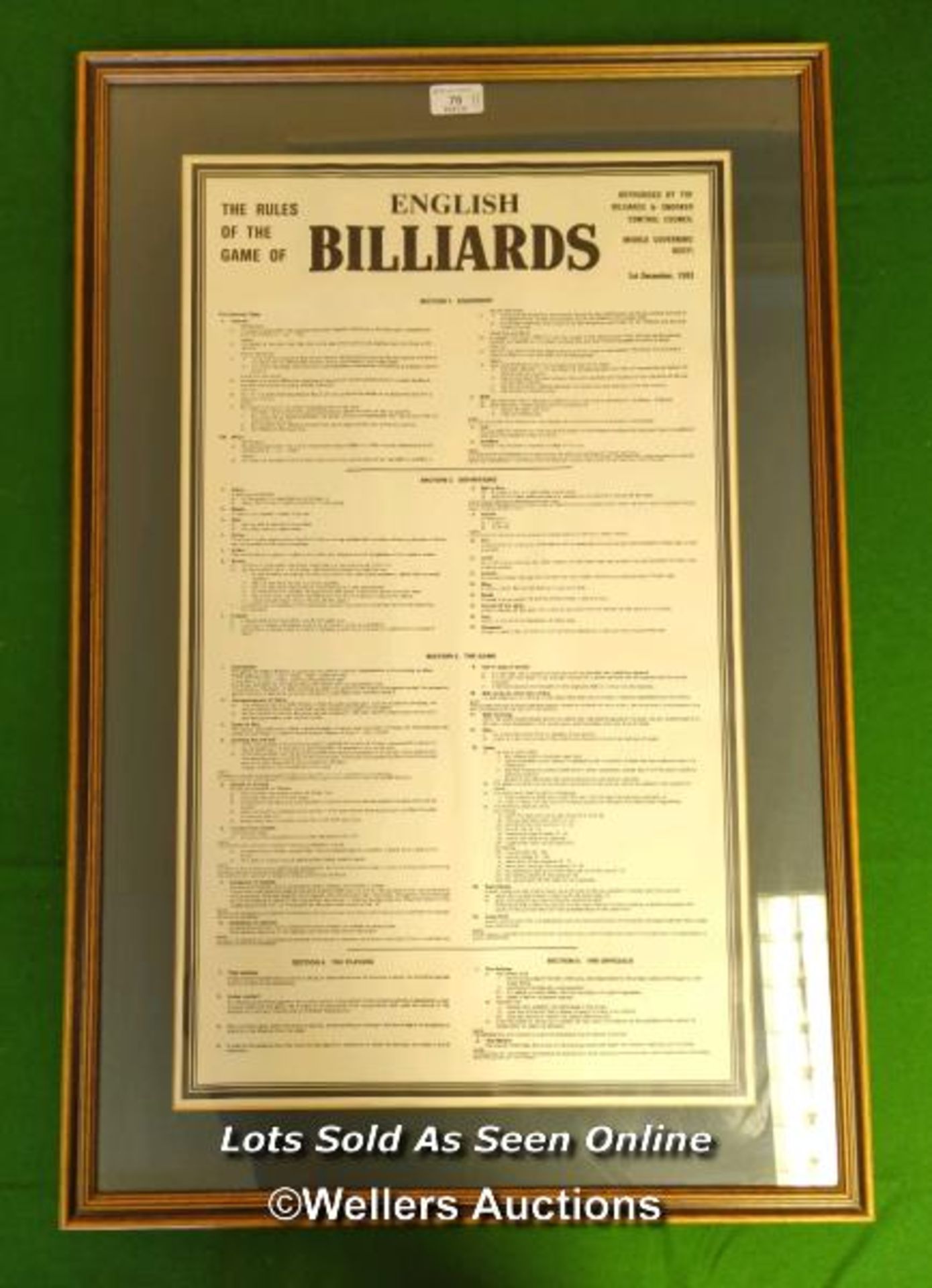 FRAMED AND GLAZED 'ENGLISH BILLIARDS RULES OF THE GAME' / 54CM (W) X 82CM (H) [THIS LOT WILL NEED