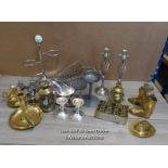 ASSORTED BRASS AND METAL WARE INCLUDING CANDLE STICKS AND GRAVY BOAT