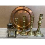 FOUR BRASS CANDLE HOLDERS, BRASS THERMOMETER, BRASS TELESCOPE PART AND COPPER PLATE