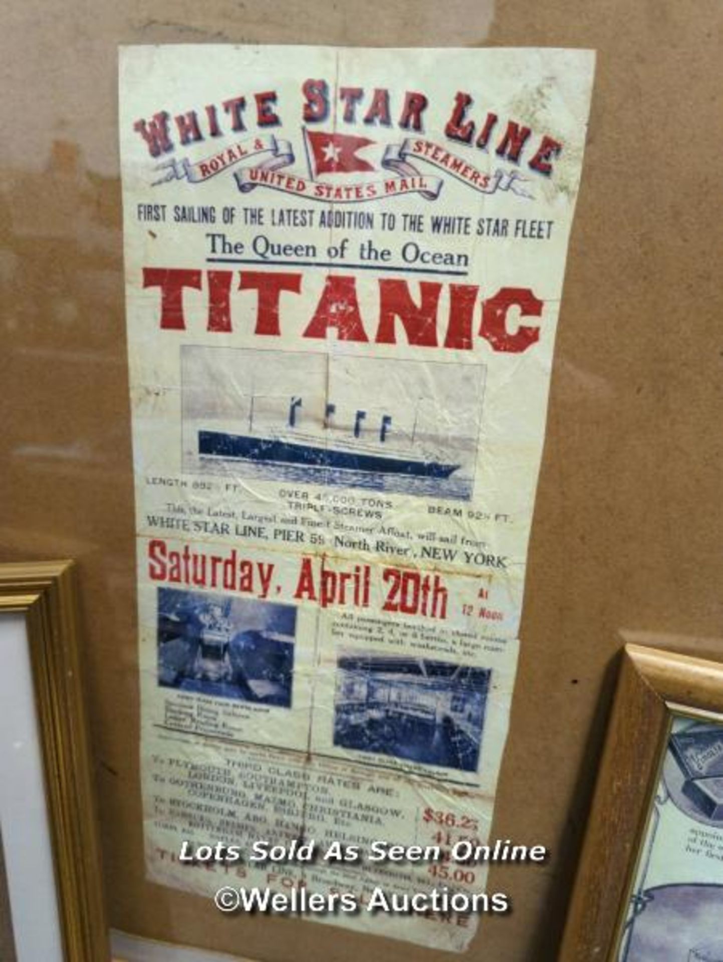 TITANIC - THREE REPRODUCTION FRAMED ITEMS INCLUDING WHITE STAR LINE POSTER, TITANIC MENU AND VINOLIA - Image 2 of 7