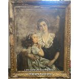 A LARGE OIL ON CANVAS PORTRAIT OF A MOTHER AND CHILD, FAINT SIGNATURE DATED 1936. IN NEED OF