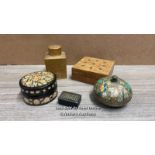 HAND PAINTED CIRCULAR POT FROM INDIA, METAL CHINESE TEA CADDY, SMALL SNUFF BOX (WITH SNUFF?) AND TWO