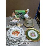 ASSORTED CERAMICS INCLUDING LIMOGES PLATE, CERAMIC DUCK AND TEA POTS