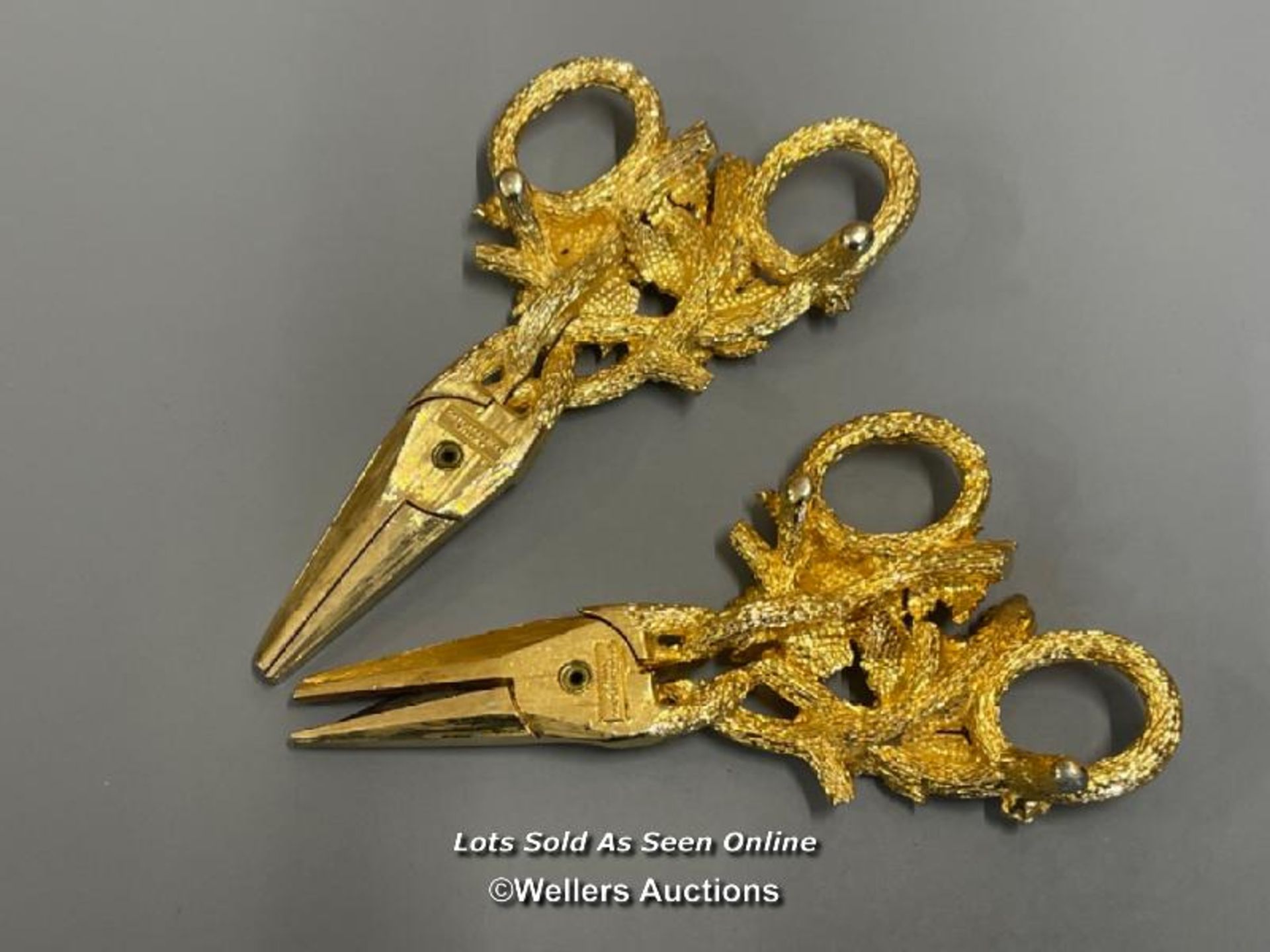 *TWO VINTAGE MIRELLA ORNATE YELLOW METAL GRAPE SCISSORS - Image 2 of 3