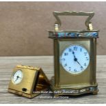 SMALL FRENCH BRASS CLOCK, 9CM HIGH WITH A VERY SMALL FOLDING BATTERY OPERATED CLOCK
