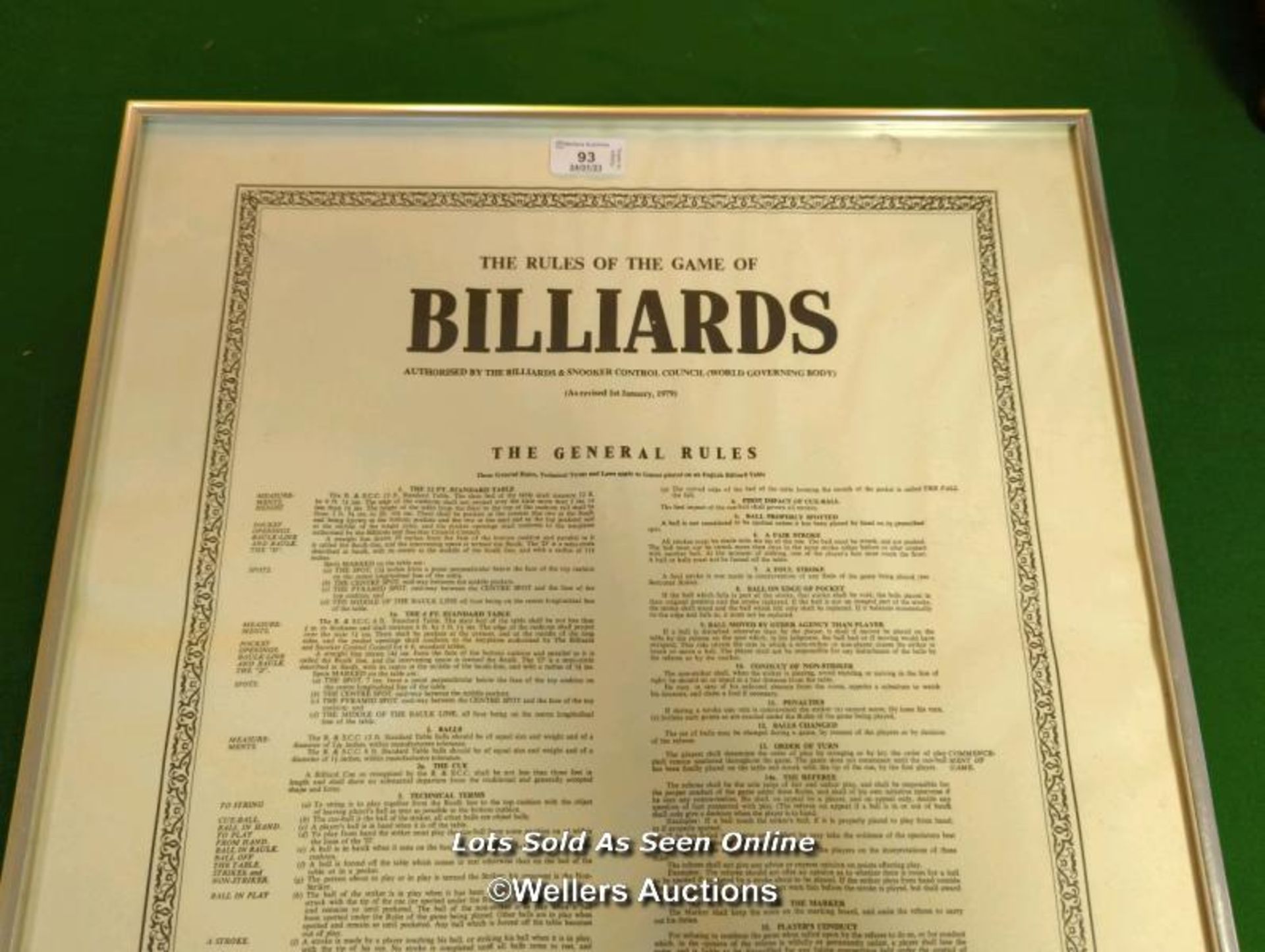 FRAMED AND GLAZED 'THE RULES OF THE GAME OF BILLIARDS' / 49CM (W) X 75CM (H) [THIS LOT WILL NEED - Image 2 of 3