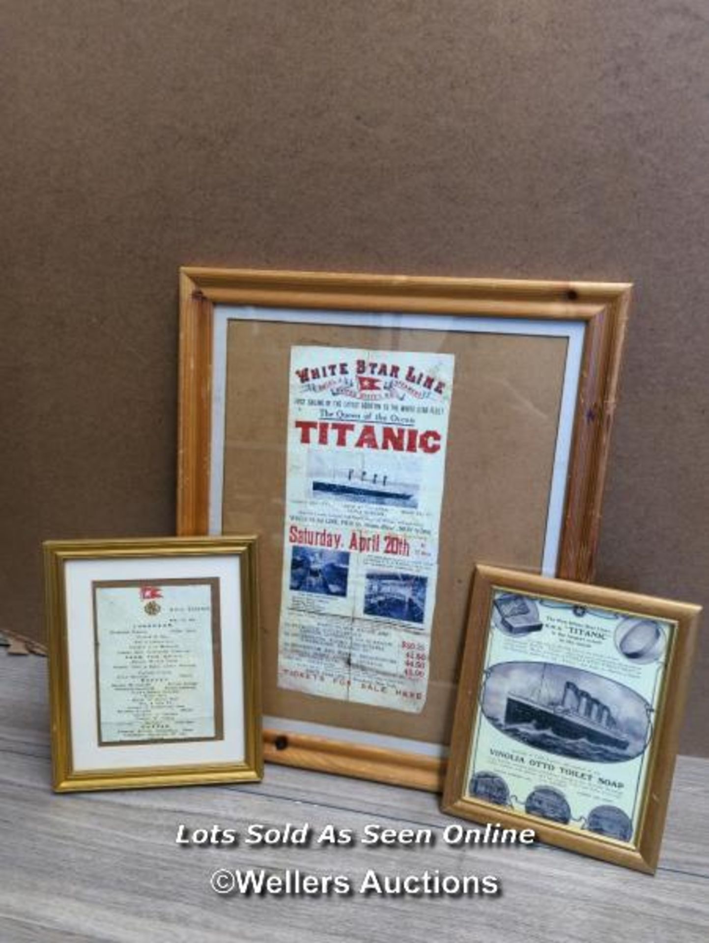 TITANIC - THREE REPRODUCTION FRAMED ITEMS INCLUDING WHITE STAR LINE POSTER, TITANIC MENU AND VINOLIA