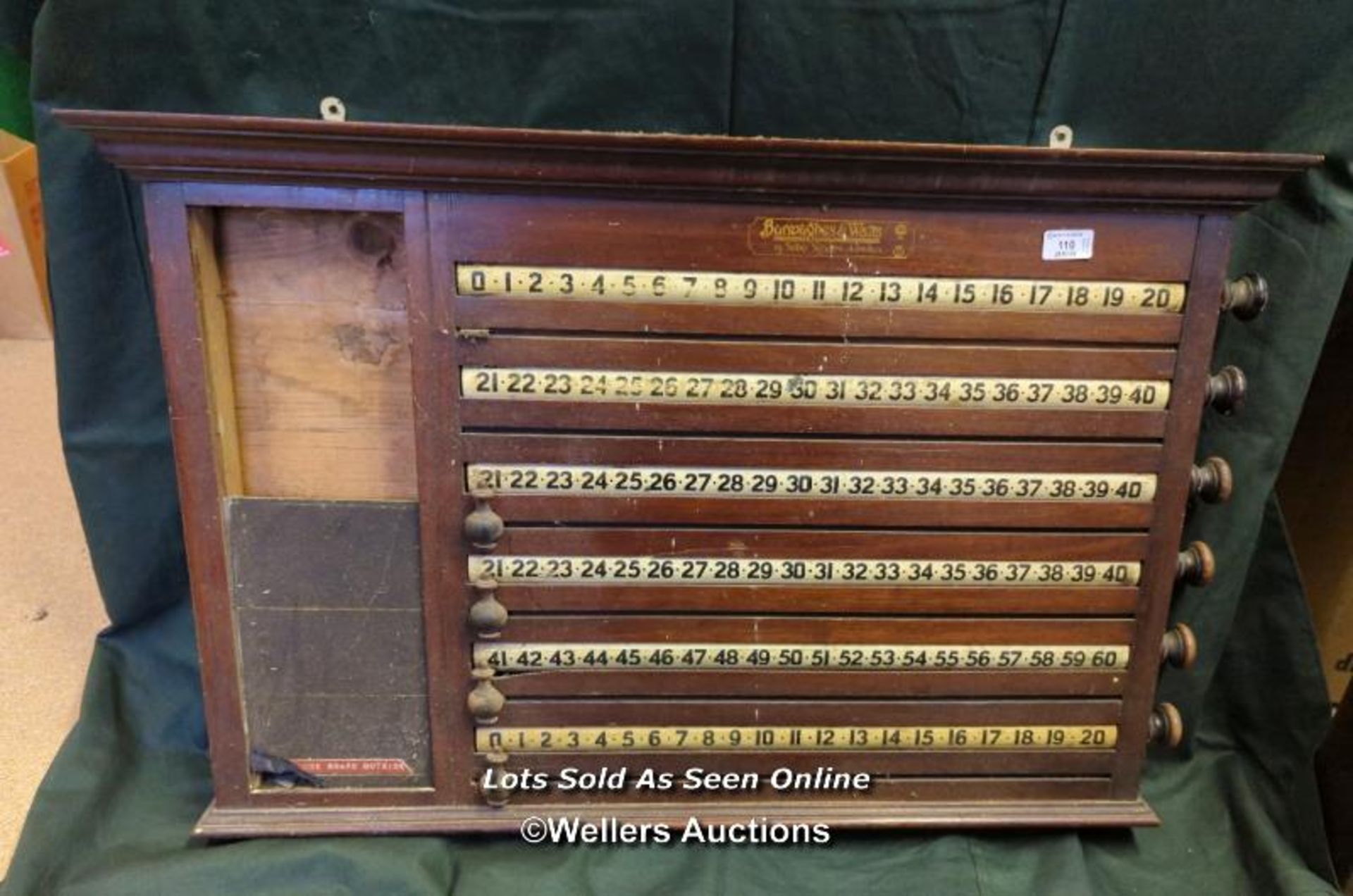 BURROUGHES AND WATTS BILLIARD SCORE BOARD FOR SIX PLAYERS / IN NEED OF RESTORATION / 87CM (W) X 61CM