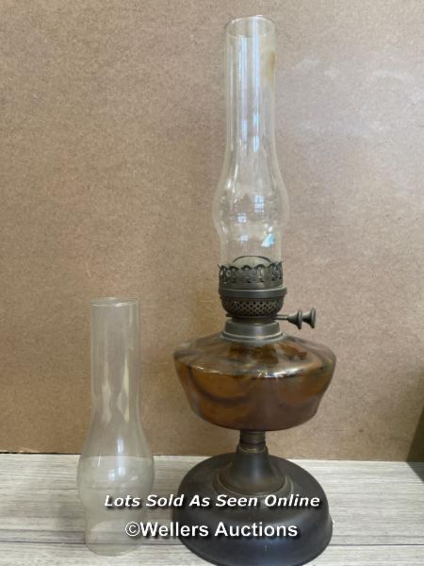 PARAFFIN LAMP WITH GLASS CHIMNEY AND ONE SPARE