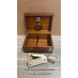 A SAVINELLI CIGAR HUMIDOR WITH BOXED DONATUS CIGAR CUTTER AND TWO MORE SMALL CIGAR CUTTERS