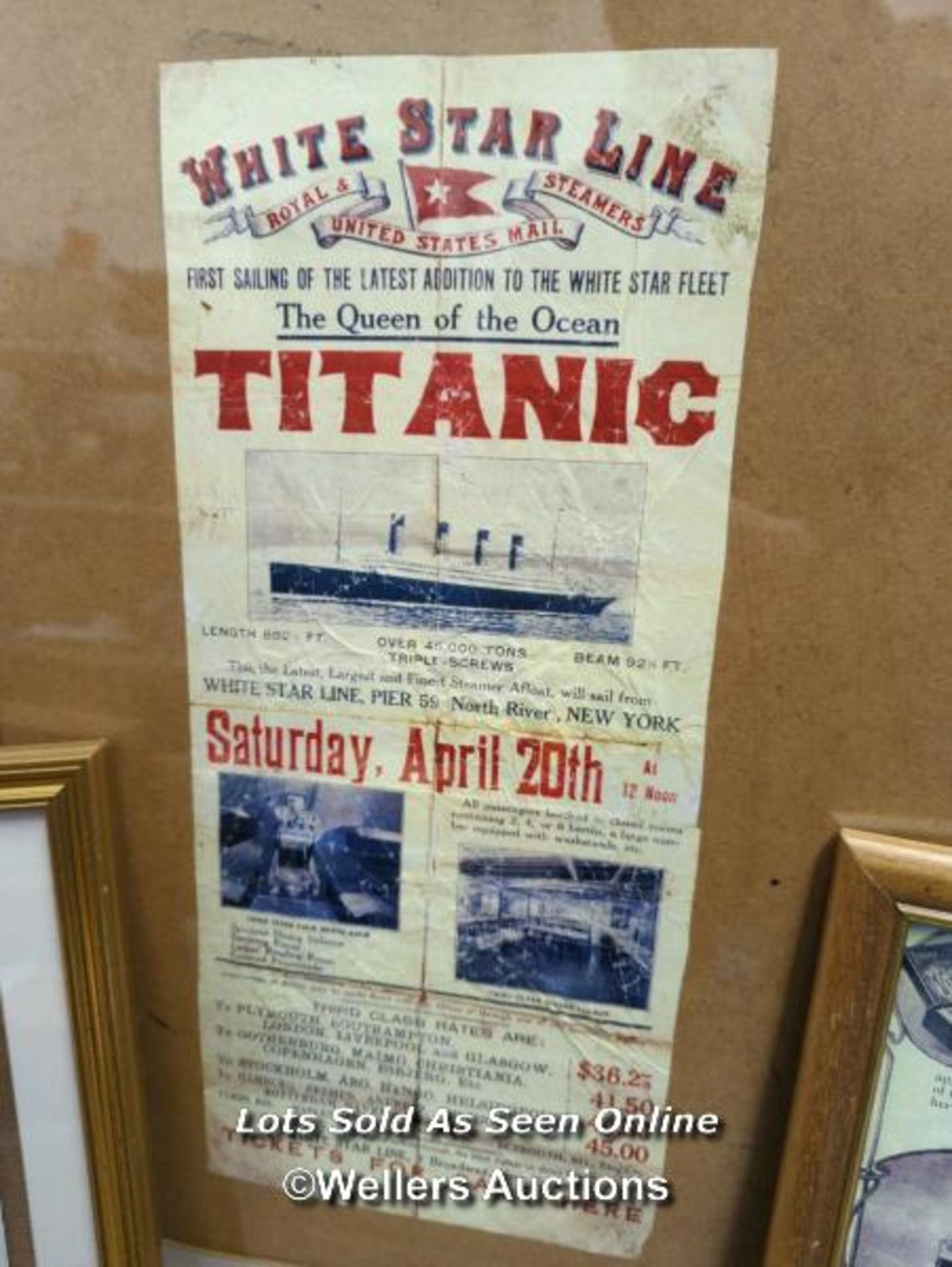 TITANIC - THREE REPRODUCTION FRAMED ITEMS INCLUDING WHITE STAR LINE POSTER, TITANIC MENU AND VINOLIA - Image 5 of 7