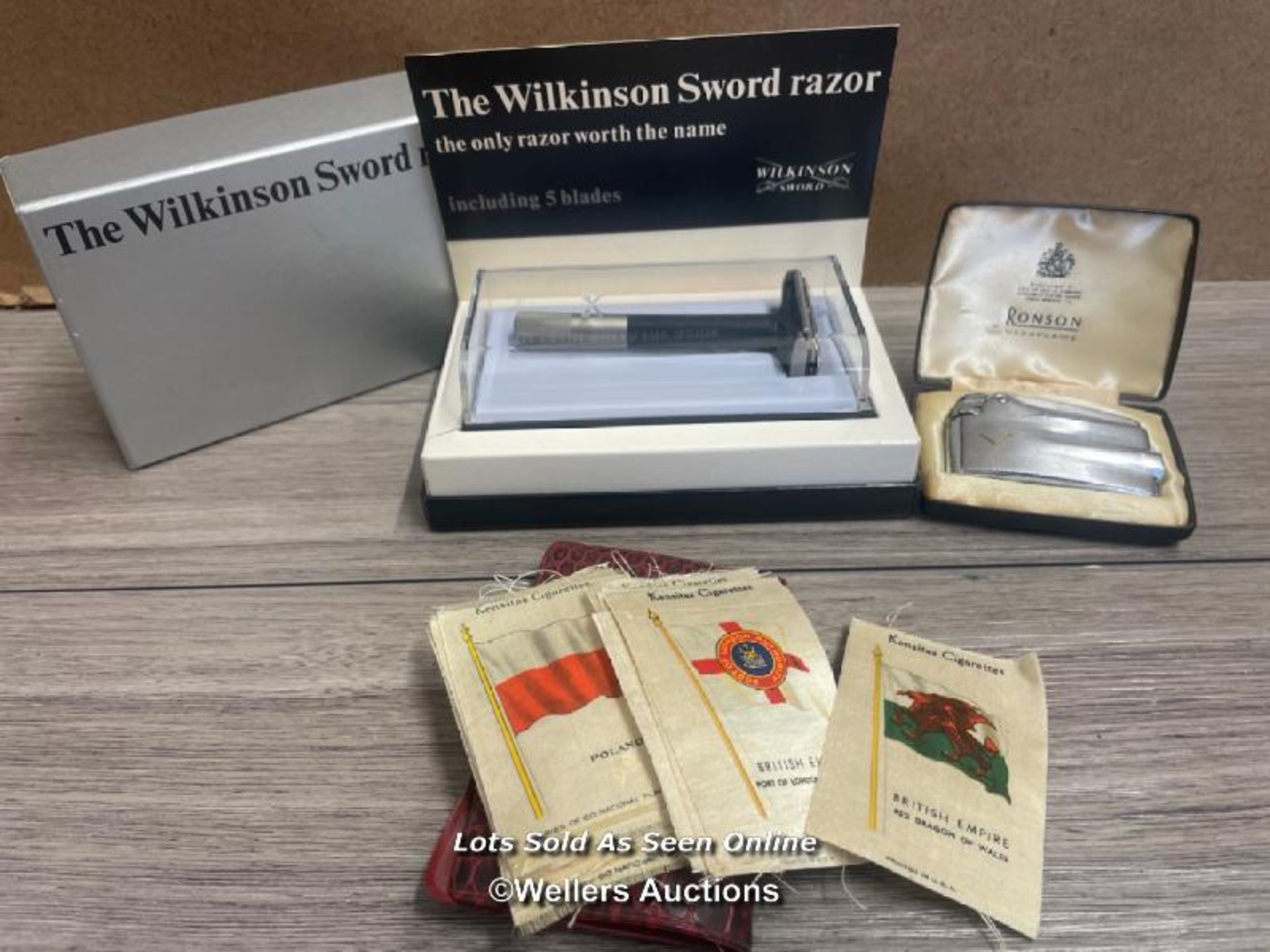 VINTAGE WILKINSON SWORD RAZOR (NEVER USED), ROLSON LIGHTER AND COLLECTABLE CIGARETTE FLAG PATCHES