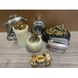 FOUR TABLE LIGHTERS, METAL HIP FLASK AND RACING CAR CLOCK